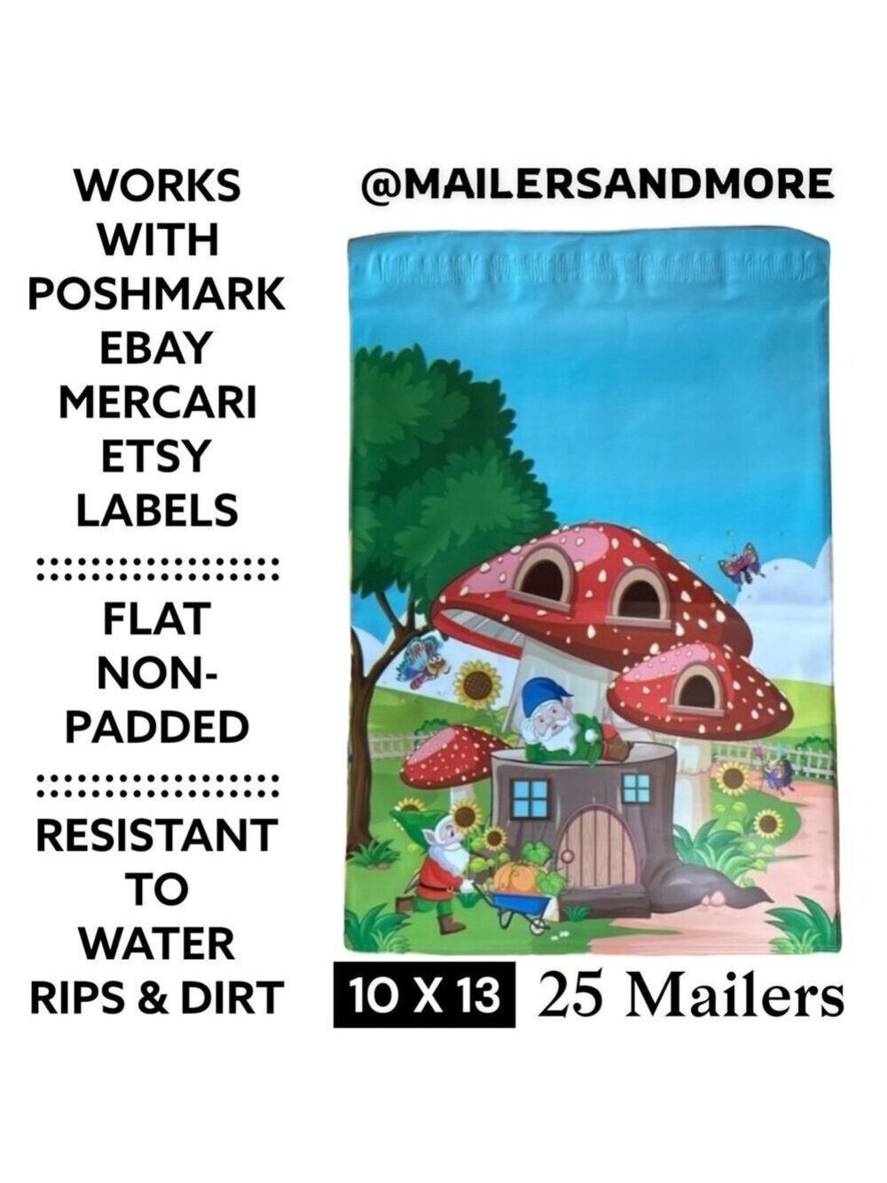 25 10X13 Poly Mailers Gnome Mushroom House, Shipping Envelopes PRICE IS FIRM - Picture 5 of 8